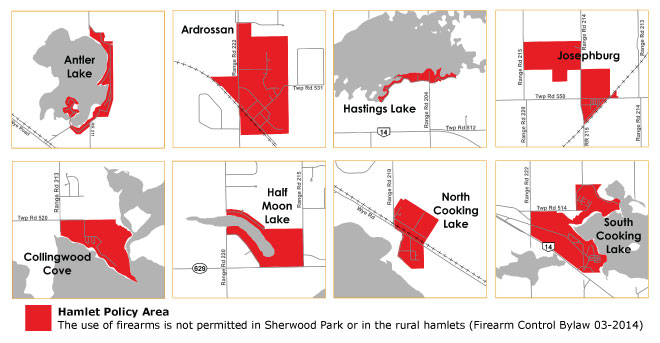 Small versions of the maps showing the Urban Service areas in Strathcona County where the discharge of firearms is controlled